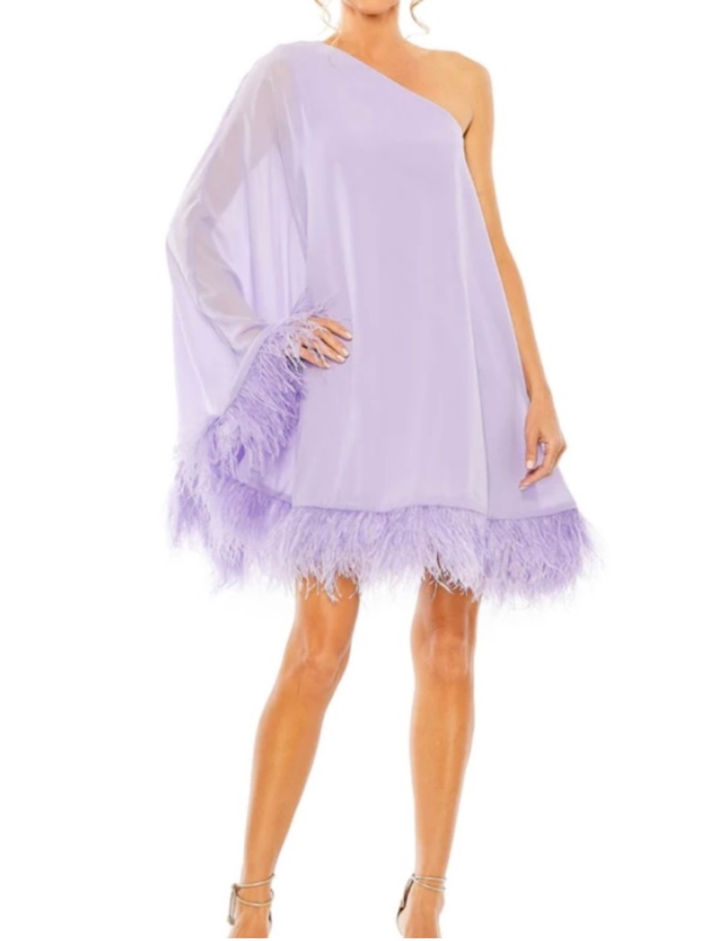 NEW Mac Duggal One Shoulder Trapeze Dress with Feather Trim Size 2 Lilac 11623